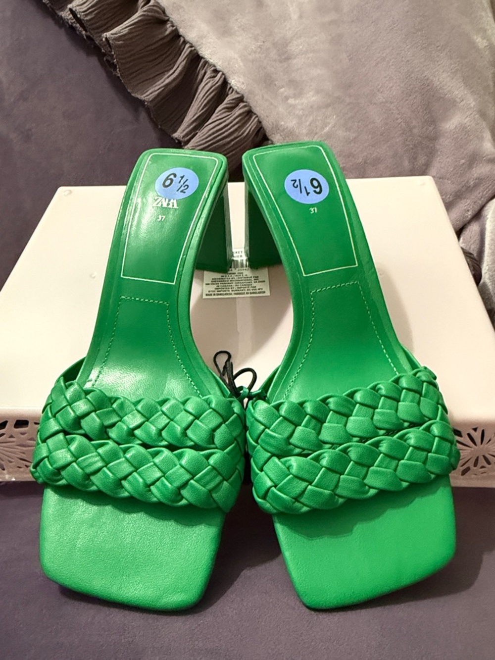 Zara Bright Green Braided Square-Toe Mule Heels